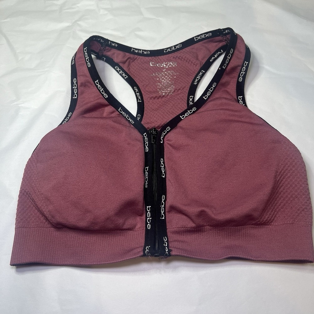 Bebe Sports Pink Front-Zip Sports Bra Women's Medium Nylon Mauve Athletic